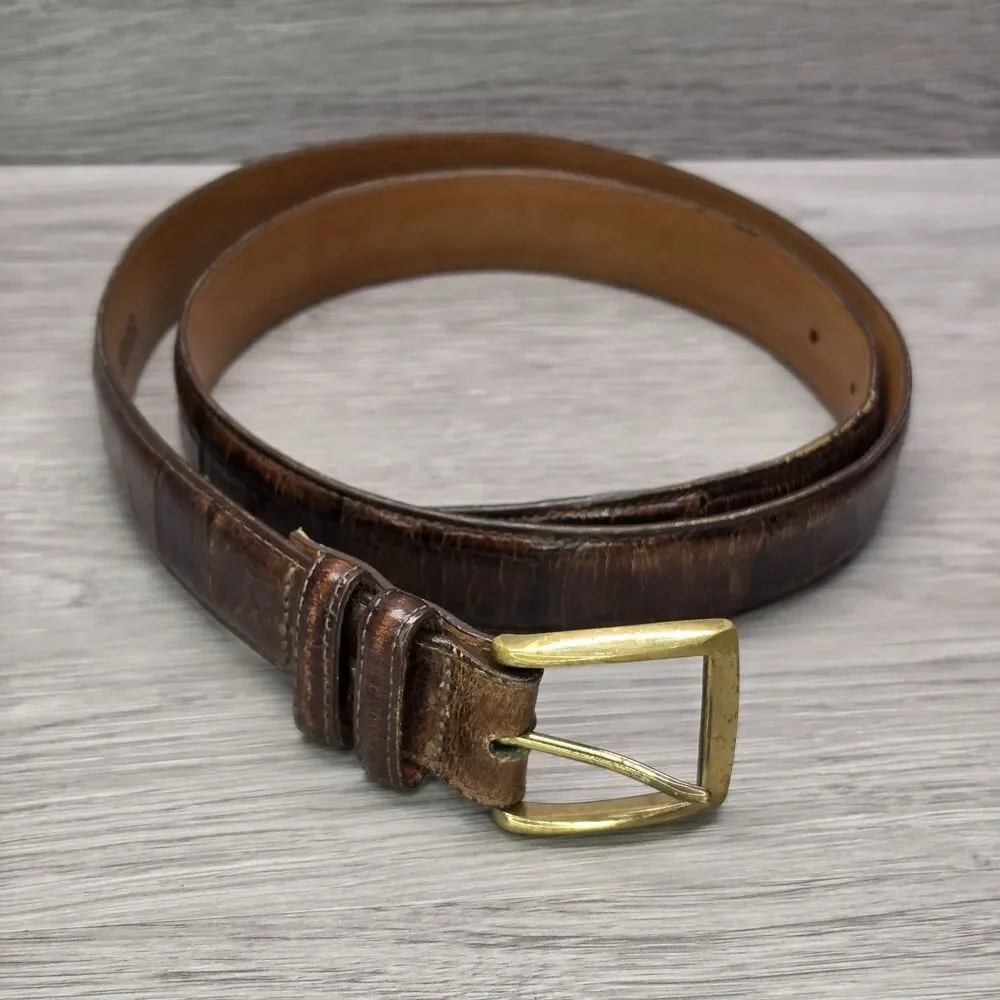 Brighton Mens Brown Leather Belt Crocodile Alligator Embossed Brass Buckle 38